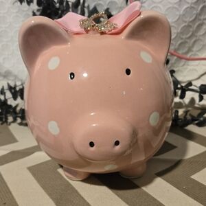Pink Polka Dot Ceramic Piggy Bank with Bow Accent